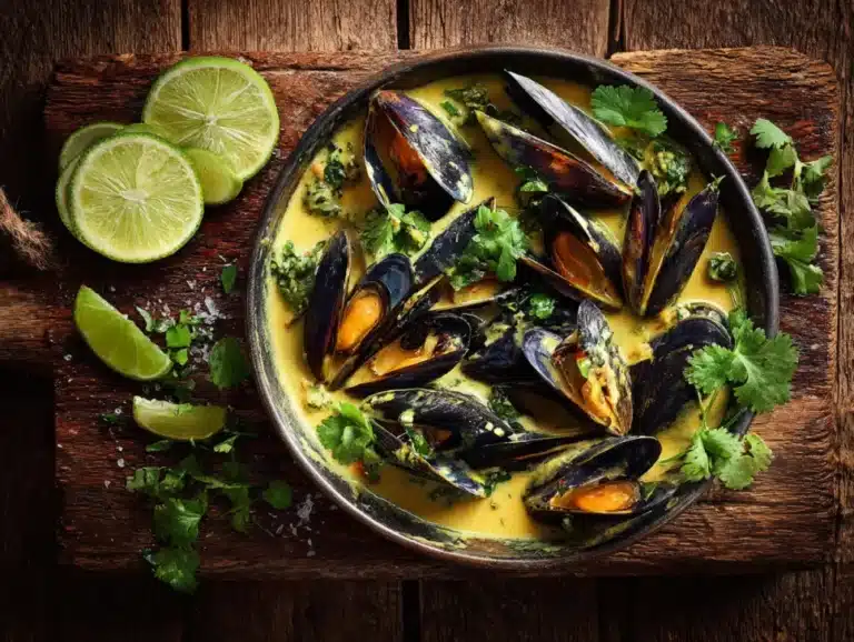 Bowl of Thai coconut curry mussels garnished with lime and cilantro.