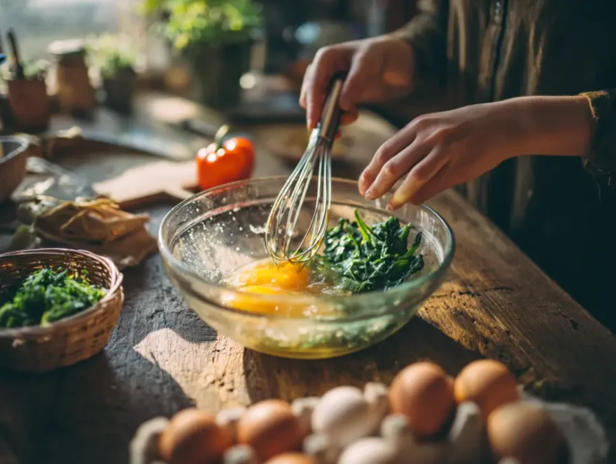 Whisking fresh eggs for a veggie omelette.