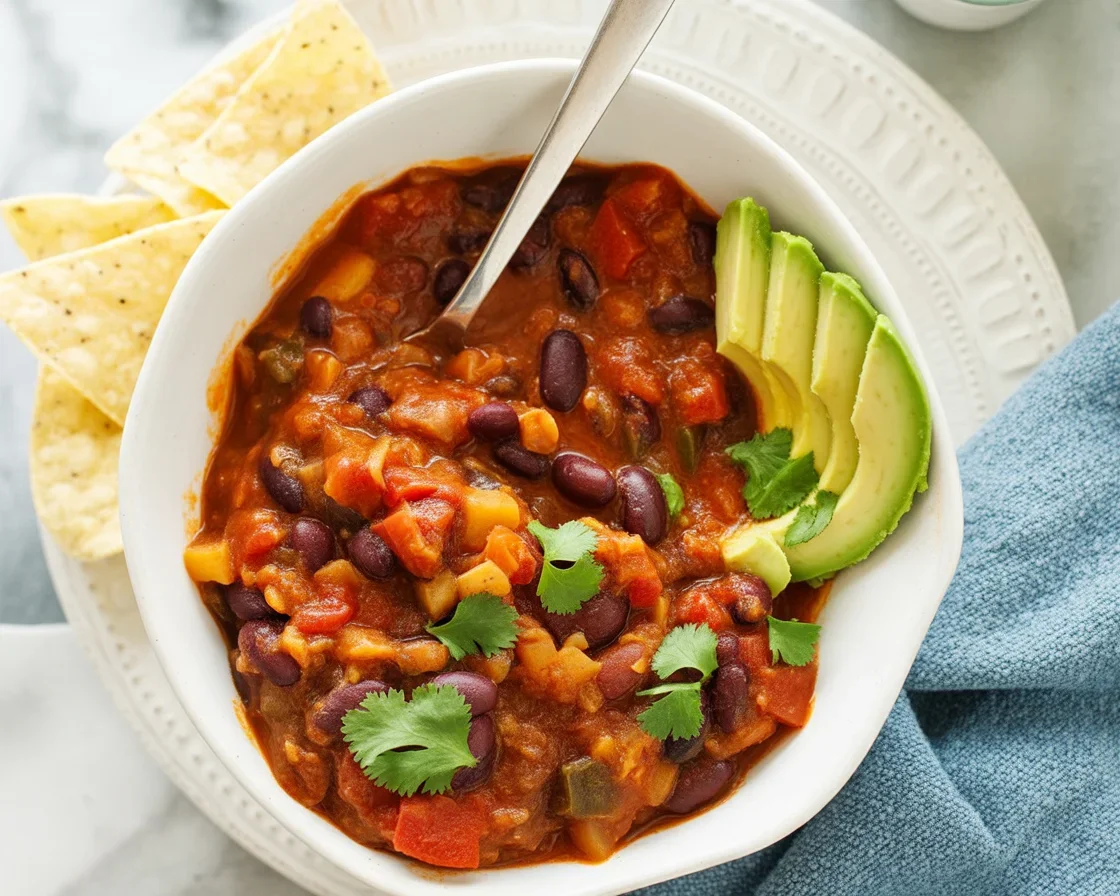 Bowl of hearty vegetarian chili with beans, vegetables, and spices