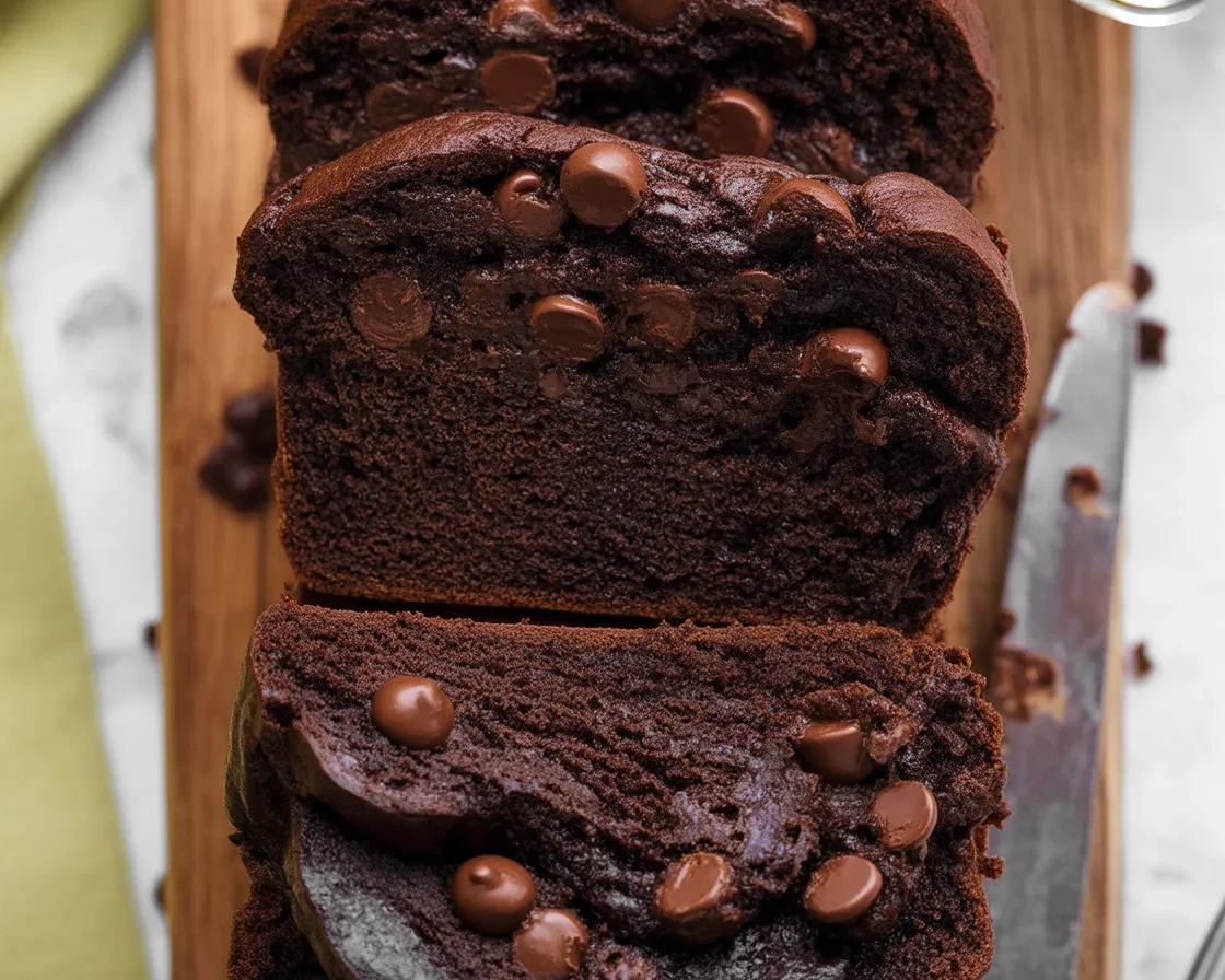 Fudgy chocolate zucchini bread slice topped with melted chocolate chips