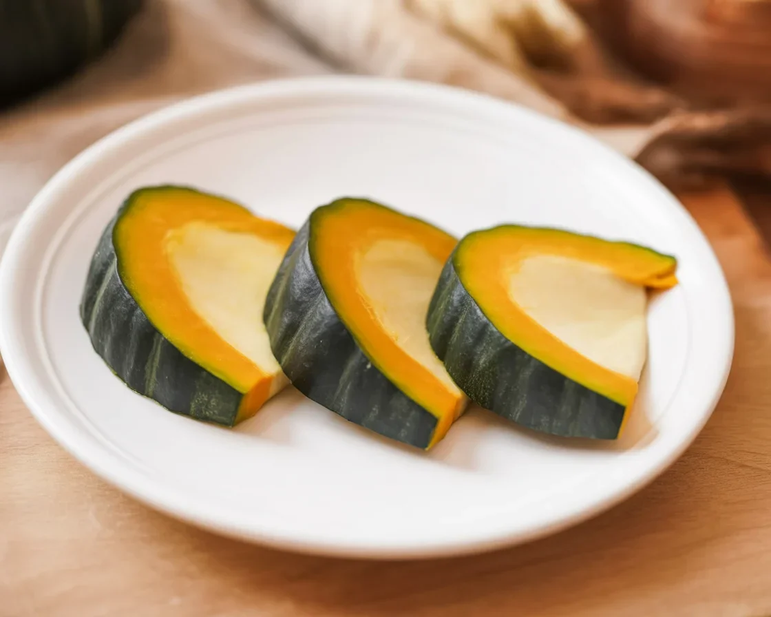 Thai pumpkin custard dessert made with kabocha squash, coconut custard, and pandan leaves.