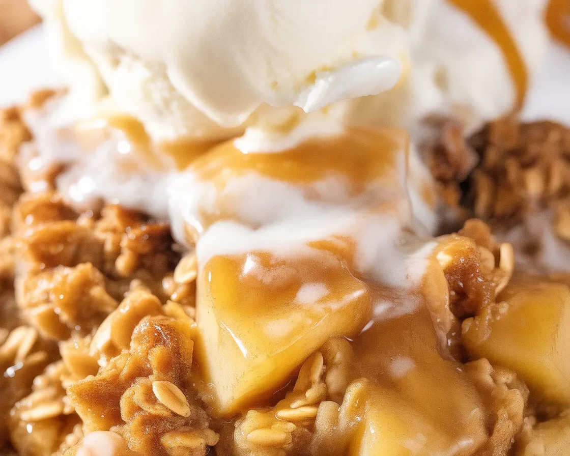 Delicious homemade apple crisp with cinnamon oat topping and sliced apples.