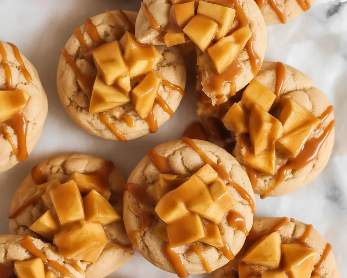 Delicious gluten free caramel apple cookies topped with caramel and fresh apple slices.