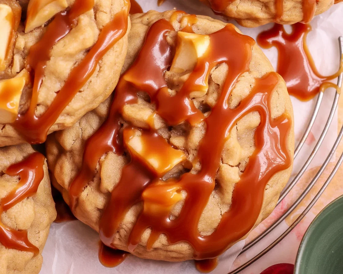 Soft and chewy caramel apple cookies with cinnamon and caramel drizzle.