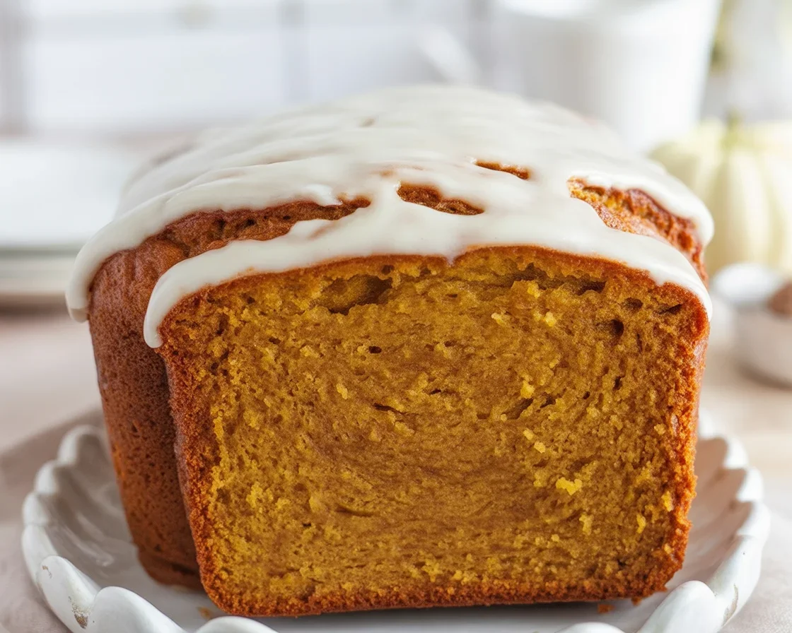 A slice of moist Libby's Pumpkin Bread topped with nuts and spices.