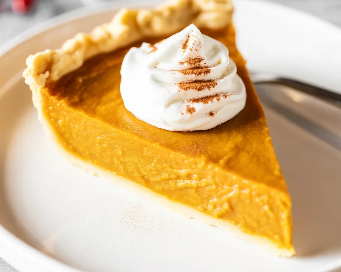Delicious homemade Pumpkin Pie filled with spices, perfect for Thanksgiving dessert.