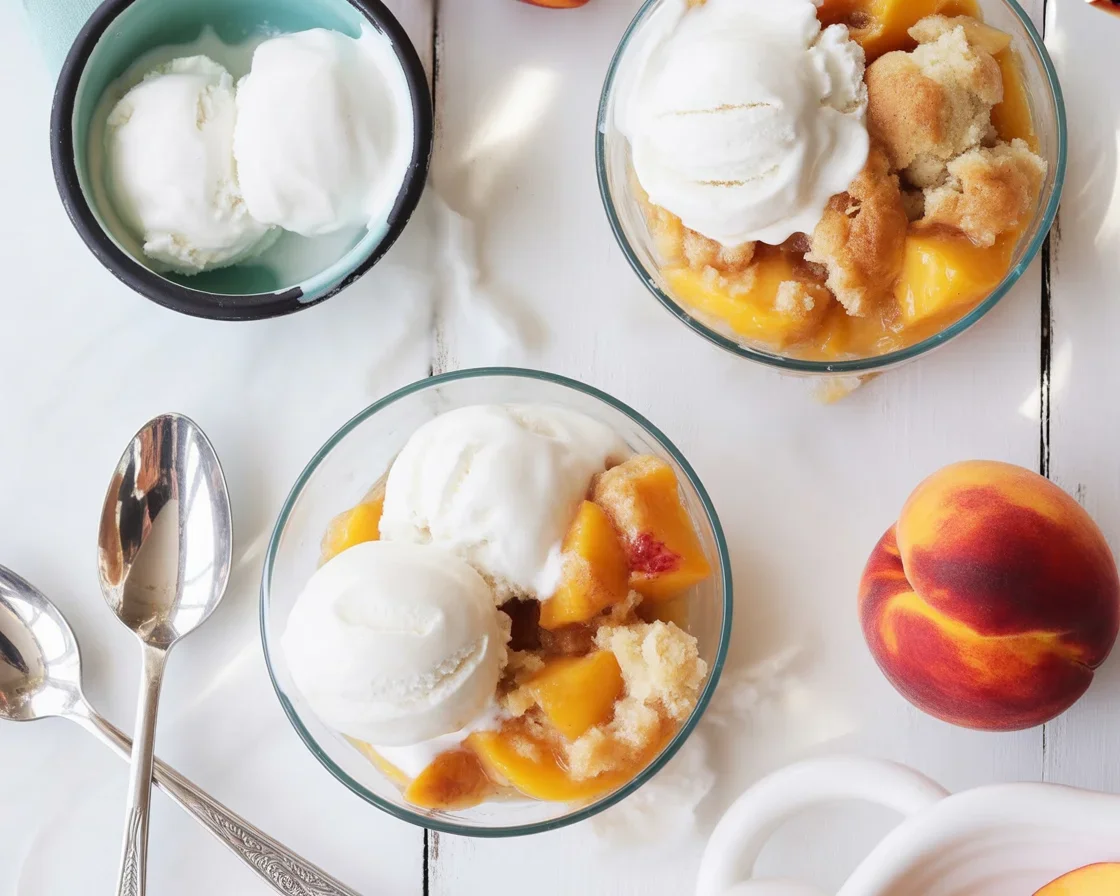 Delicious homemade peach cobbler topped with ice cream and fresh peaches.