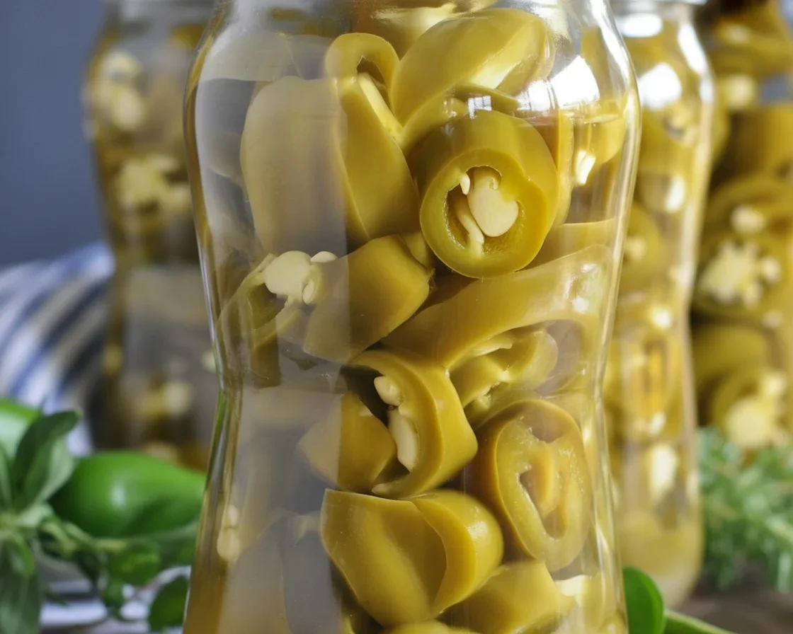 Jars of canning jalapeno peppers in garlic vinegar brine.