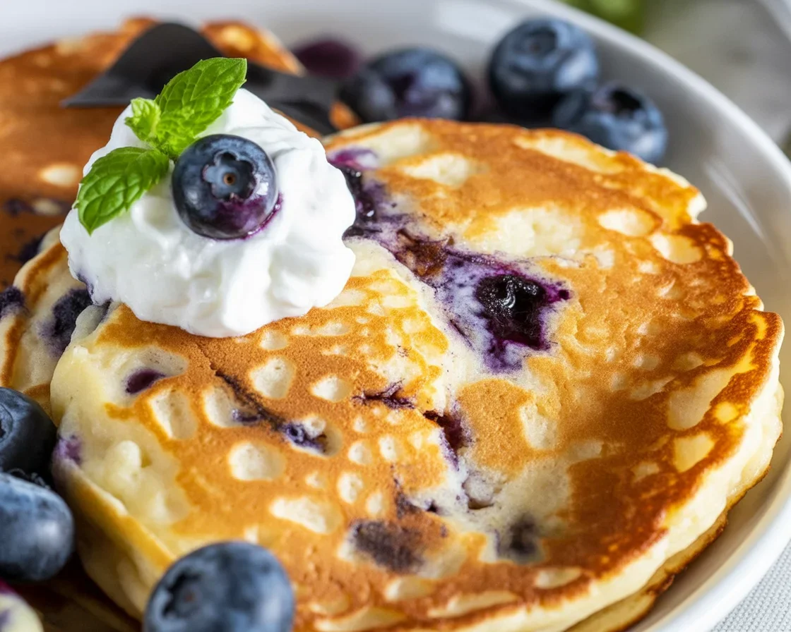 Fluffy pancakes with ricotta and blueberries, served with a lemon twist.
