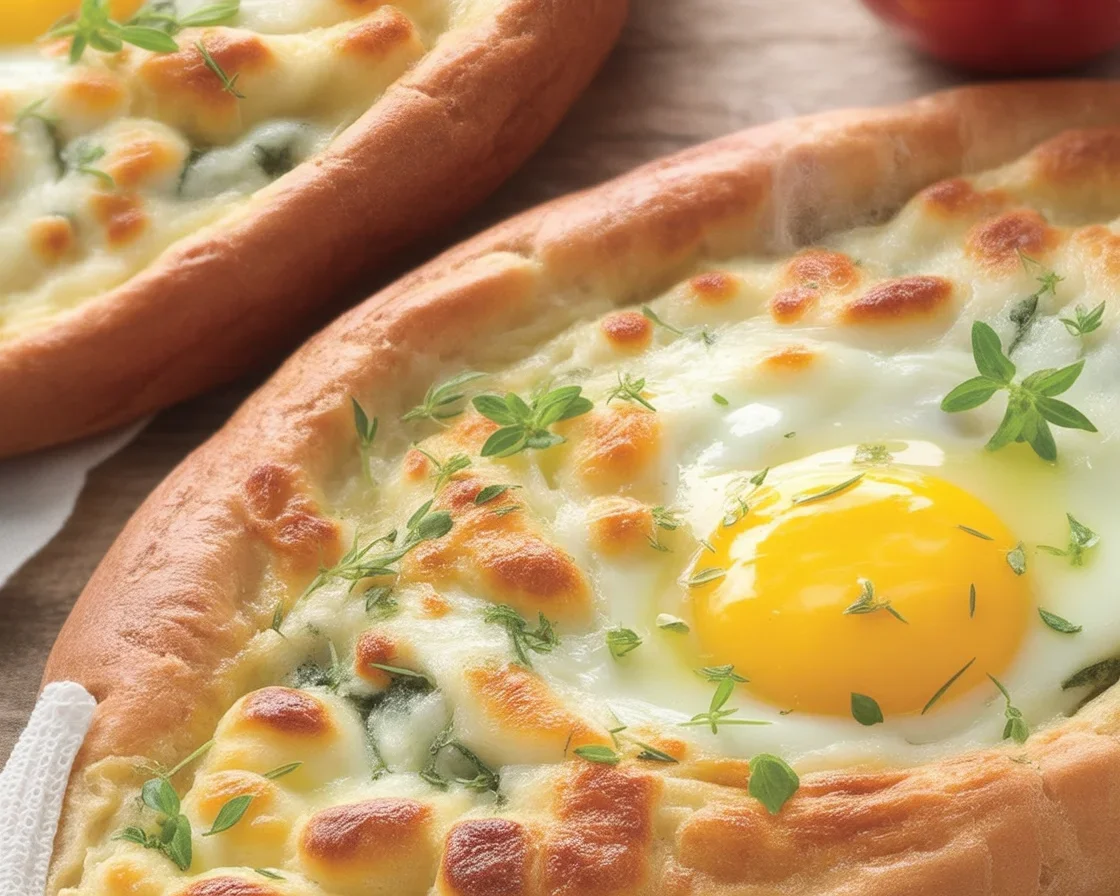 Adjaruli khachapuri, a traditional Georgian bread with egg and cheese filling.