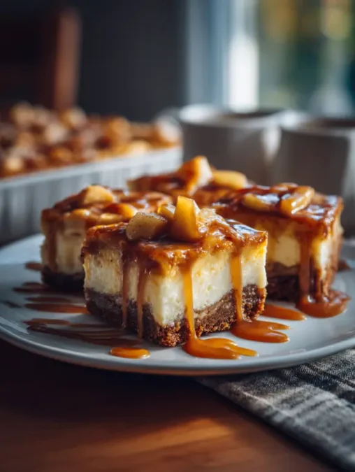 Caramel Apple Cheesecake Bars ready to serve