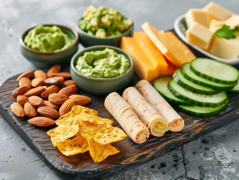 Keto snack platter with cheese crisps, turkey roll-ups, cucumbers, almonds and guacamole on board