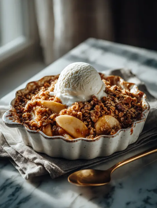 Gluten free apple crisp with golden oat topping and vanilla ice cream.
