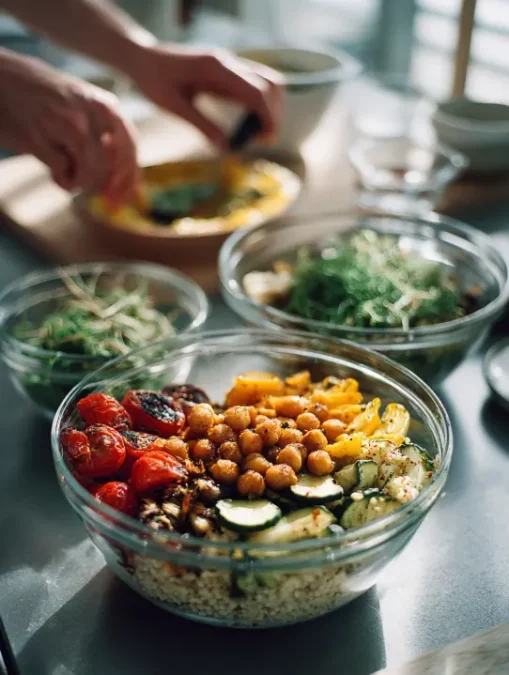 Hands preparing vegan meal prep bowls with quinoa, roasted vegetables, and chickpeas.