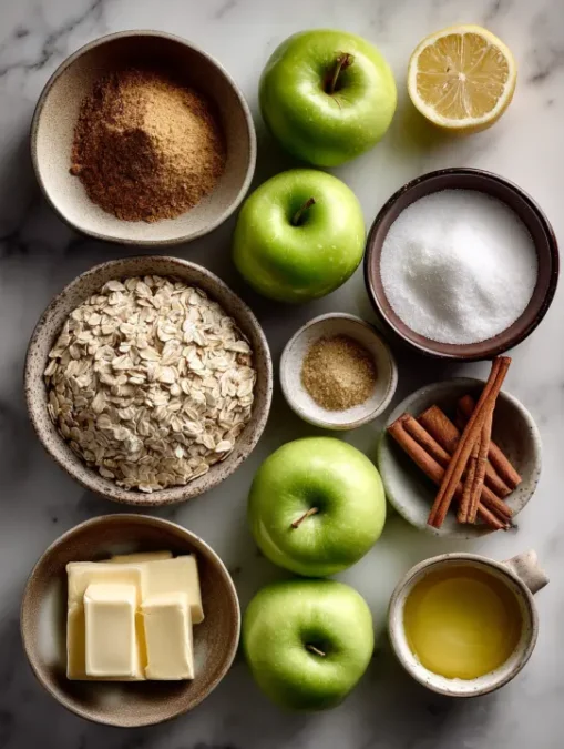 Fresh apples, gluten-free oats, cinnamon, and lemon arranged for apple crisp.
