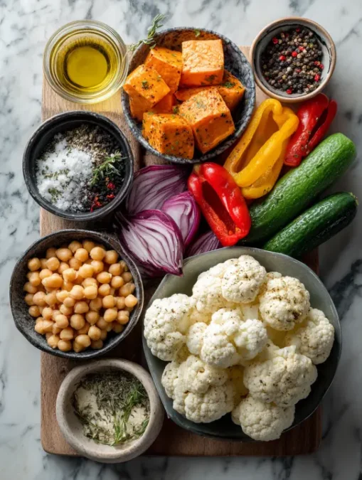 Fresh vegetables and chickpeas prepared for vegan sheet pan dinner vegan sheet pan dinners.