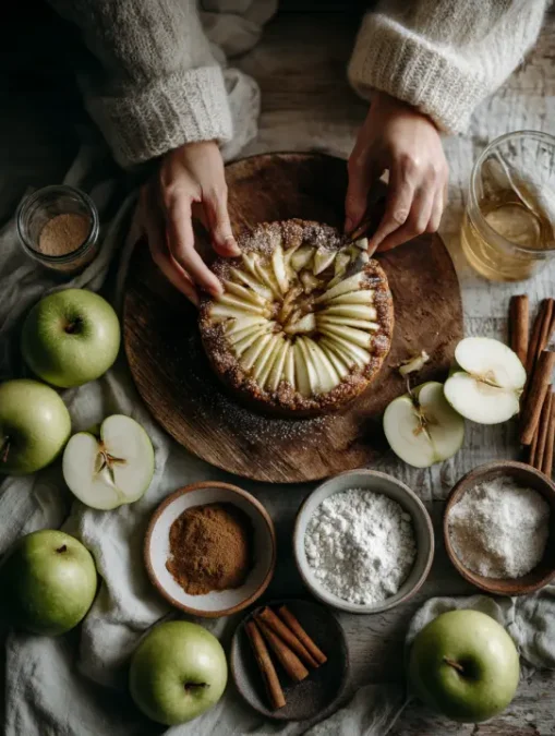 Hands slicing apples with cinnamon and gluten-free flour for apple crisp.