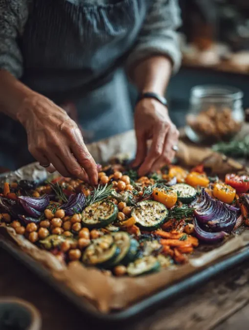 Hands arranging vegetables and chickpeas on a baking tray for sheet pan dinner.