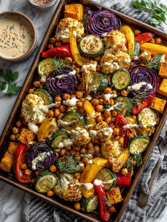 Vegan sheet pan dinner with roasted vegetables and tahini sauce.