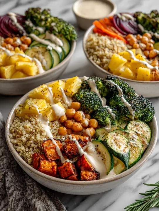 Vegan meal prep bowls with quinoa, roasted vegetables, chickpeas, and pineapple.
