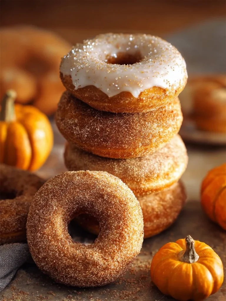 Baked pumpkin spice donuts topped with cinnamon sugar and drizzled icing