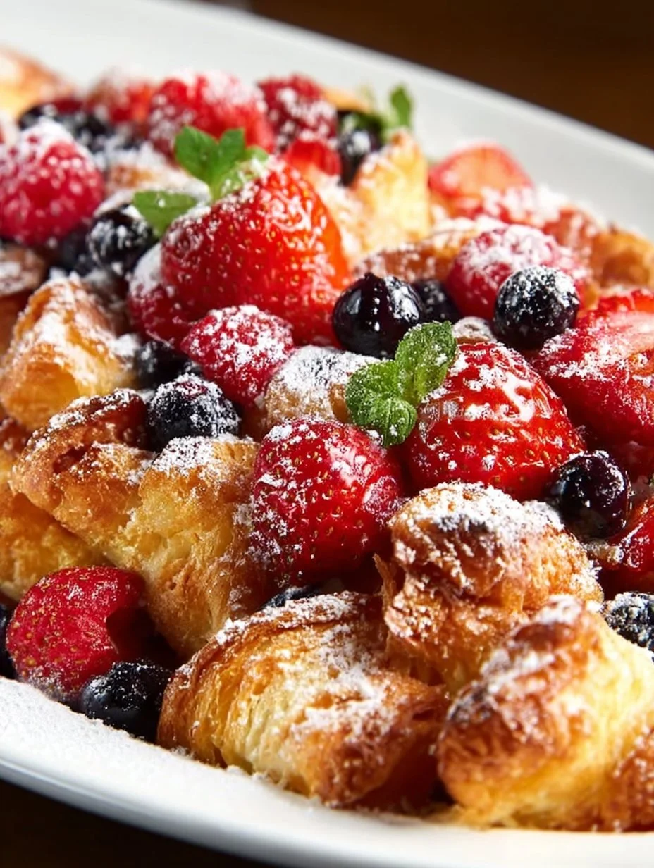 Delicious Berry Croissant Bake topped with fresh berries and whipped cream