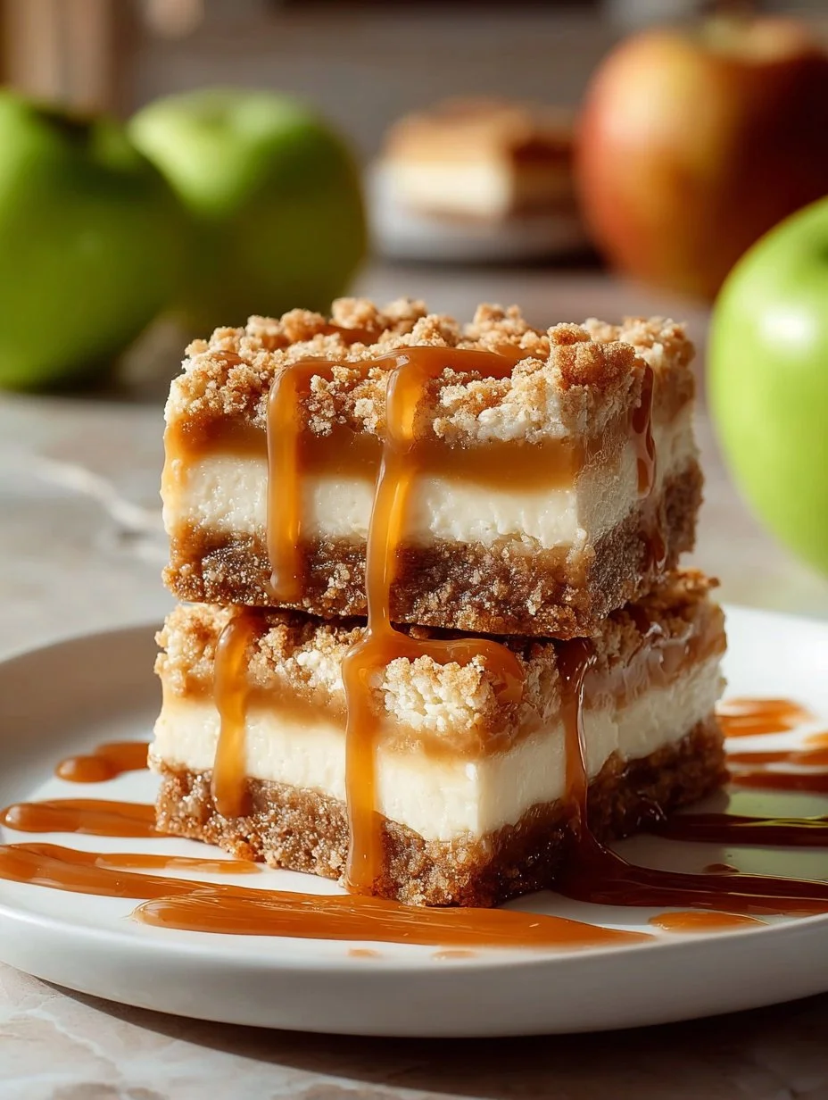 Delicious Caramel Apple Cheesecake Bars topped with caramel drizzle and apple slices