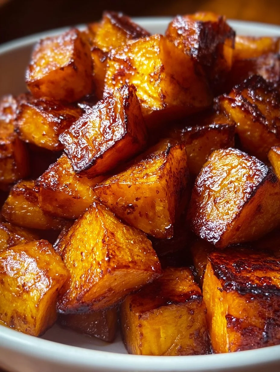 Caramelized maple cinnamon roasted sweet potatoes served in a bowl