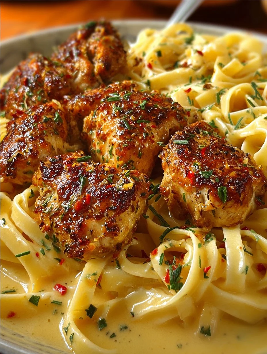 Cheesy Cajun Alfredo Chicken served in a bowl with herbs and spices