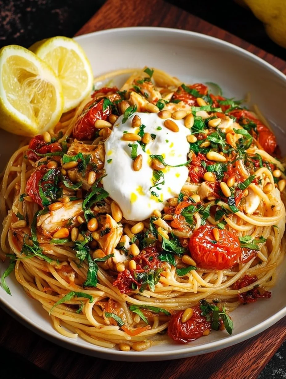 Serving of Chicken Spaghetti topped with Burrata Cheese, garnished with herbs