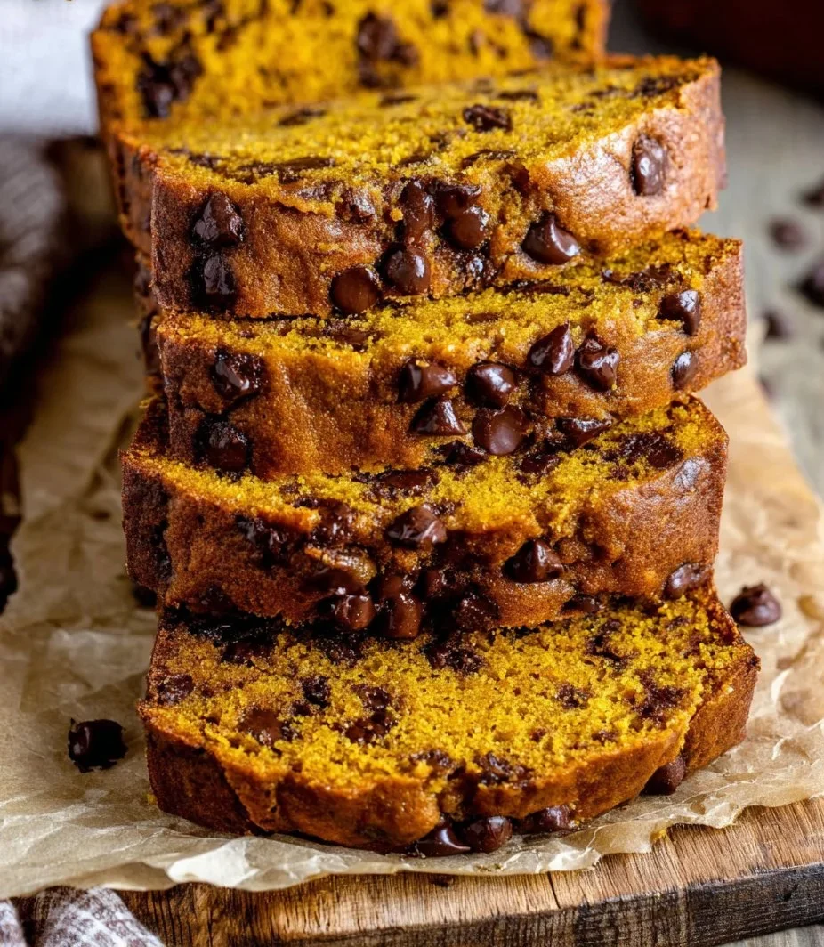 Loaf of Chocolate Chip Pumpkin Bread on a wooden table