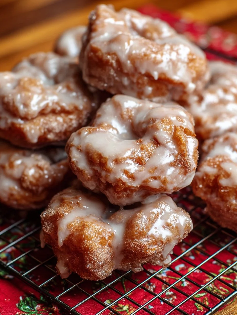 Freshly made cinnamon apple fritters with powdered sugar topping