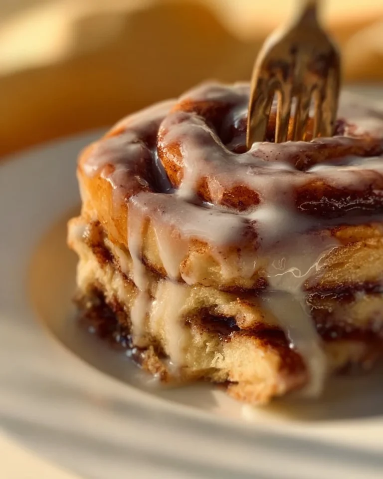Deliciously stacked Cinnamon Roll Pancakes topped with icing and cinnamon swirl.