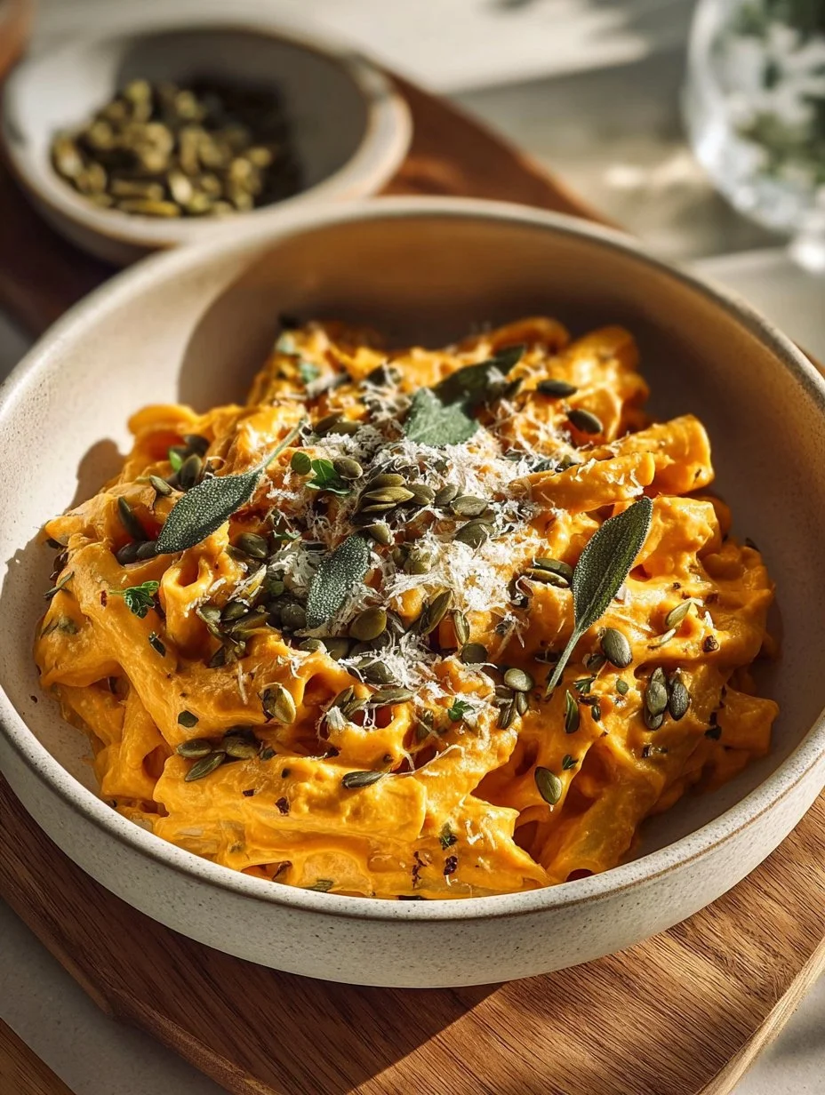 Creamy pumpkin pasta garnished with herbs in a cozy bowl.