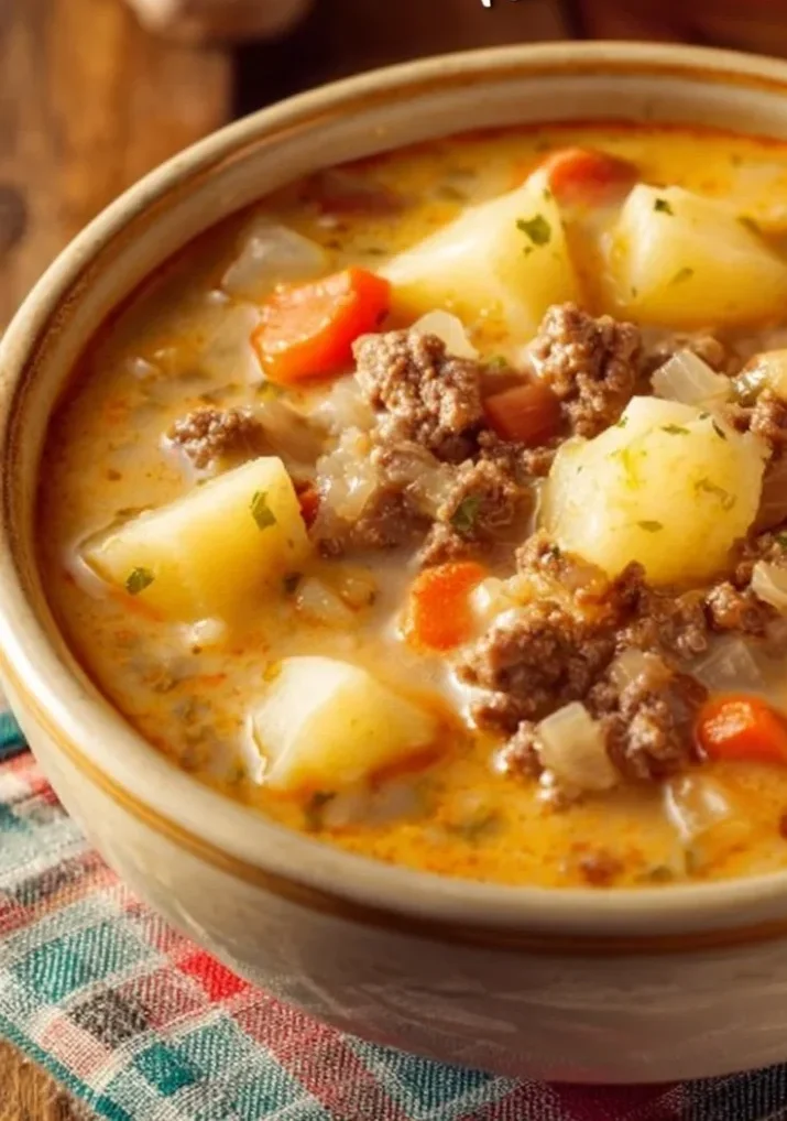 Creamy potato hamburger soup served in a bowl, garnished with parsley.