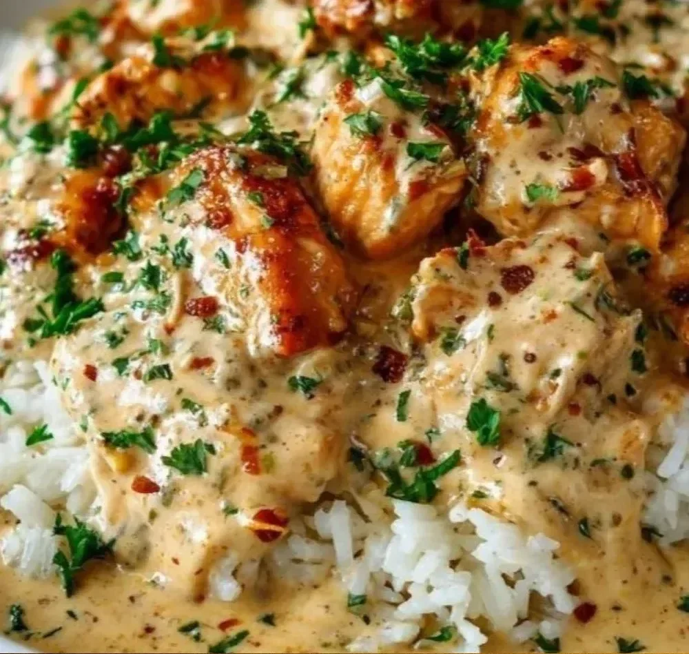 Creamy smothered chicken served over rice with fresh herbs