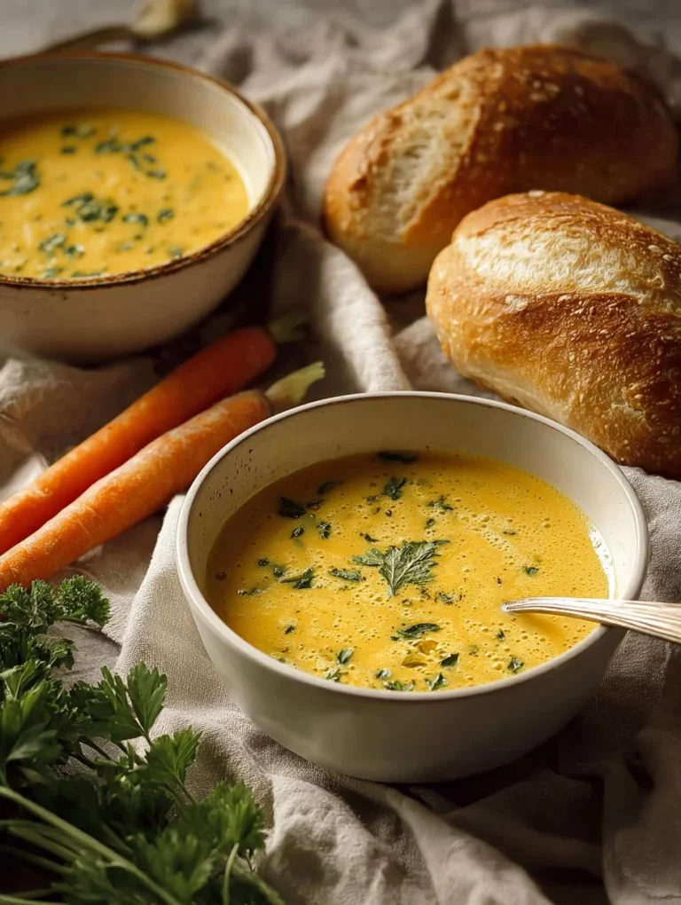 Bowl of creamy vegan carrot potato soup garnished with herbs