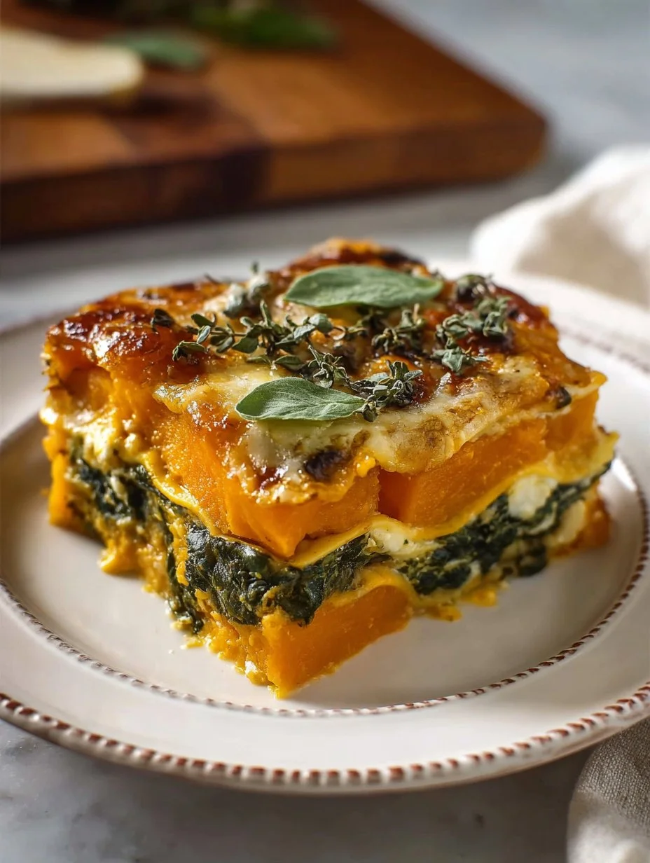 Creamy vegetarian pumpkin spinach lasagna served on a white plate