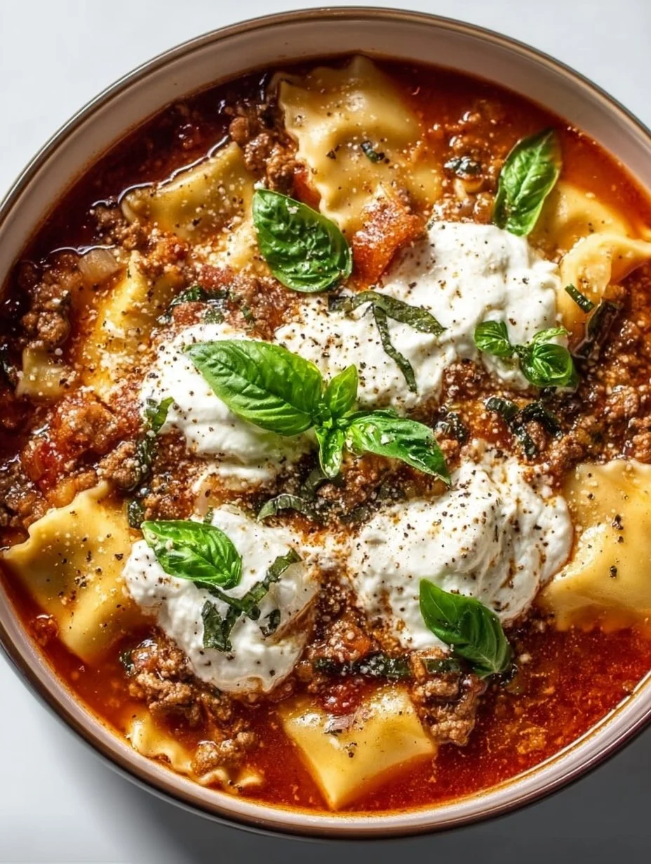 Bowl of hearty Crockpot Lasagna Soup topped with cheese and herbs.
