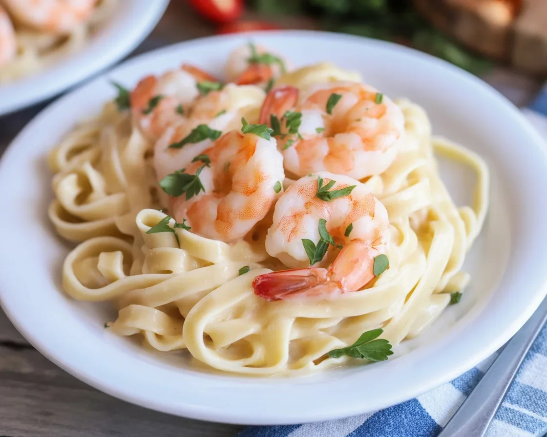 Creamy garlic shrimp pasta with succulent shrimp in a buttery garlic sauce served on a plate.