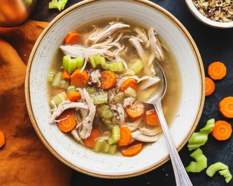Bowl of gluten free crockpot chicken soup with fresh vegetables and herbs.