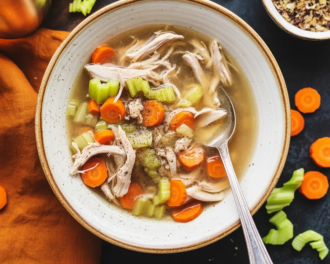 Bowl of gluten free crockpot chicken soup with fresh vegetables and herbs.