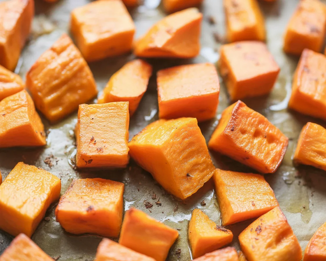 Oven baked sweet potatoes with crispy skins, ready to enjoy.