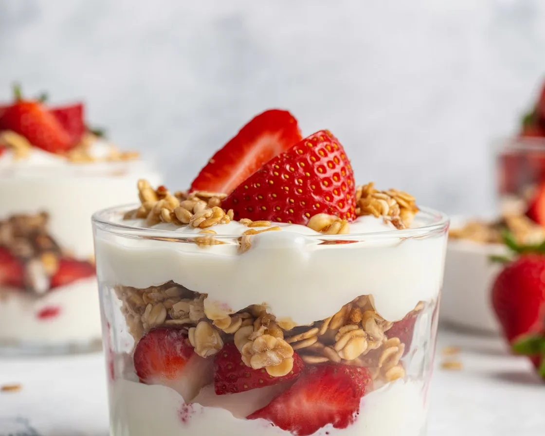Delicious quick strawberry parfait with layers of fresh strawberries and cream