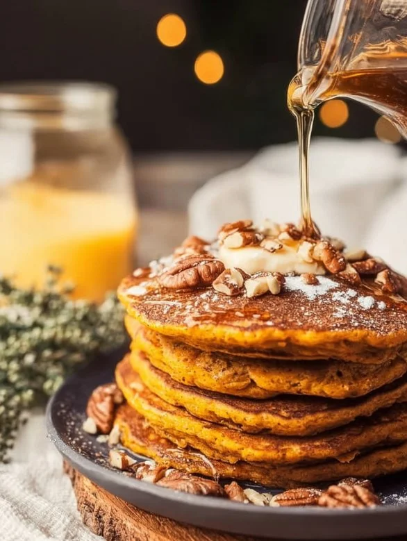 Delicious fluffy pumpkin pancakes with maple syrup and whipped cream