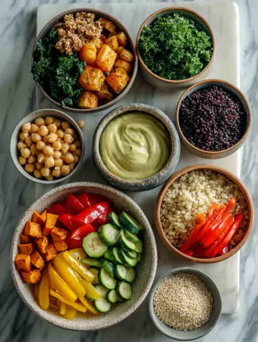 Flat lay of fresh vegan meal prep ingredients with quinoa, kale, and chickpeas.
