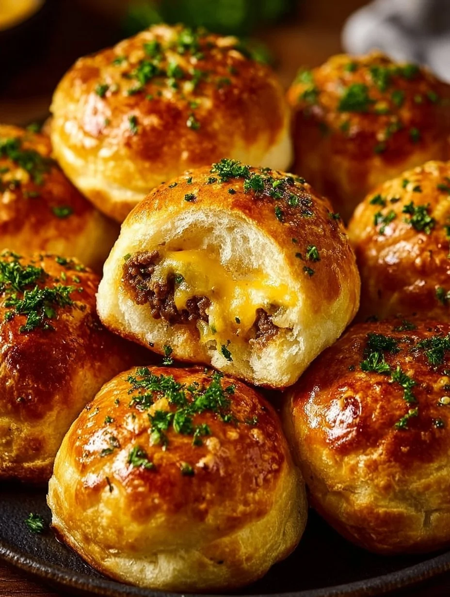 A delicious plate of Garlic Parmesan Cheeseburger Bombs with melted cheese.