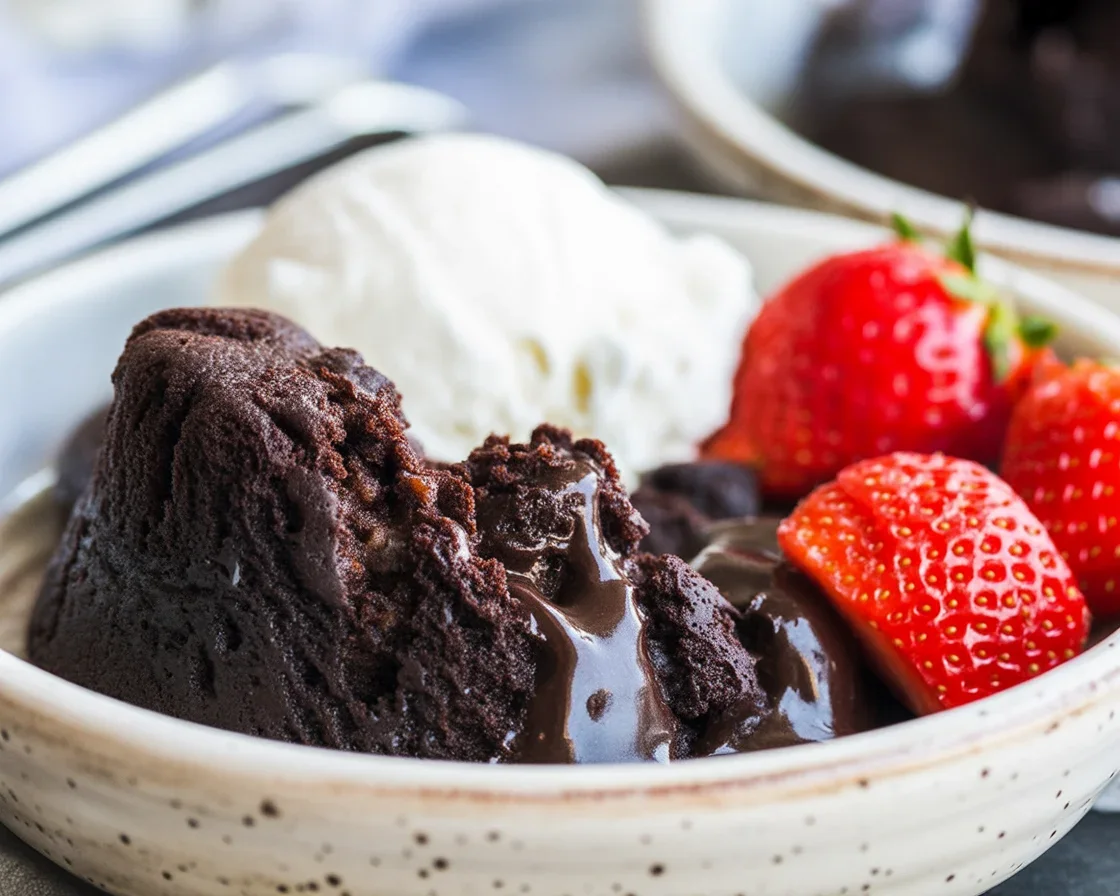 Delicious and gooey Crockpot Chocolate Lava Cake served warm with a rich chocolate topping.