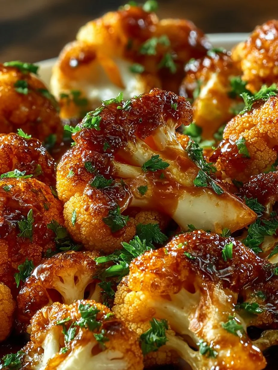 Maple Sriracha roasted cauliflower served on a platter, garnished with herbs.