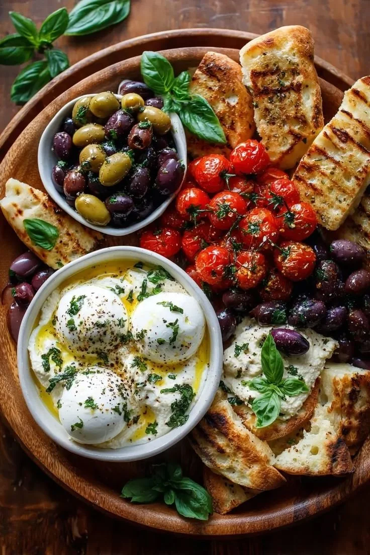 Delicious Mediterranean Burrata Board with creamy burrata, fresh veggies, and olives.